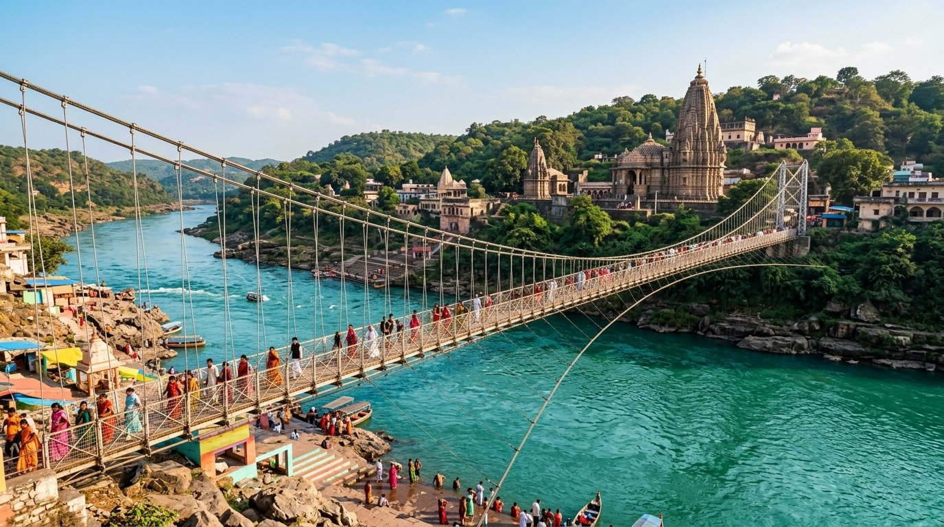 Jhula Pul suspension hanging bridge over river Narmada in Omkareshwar
