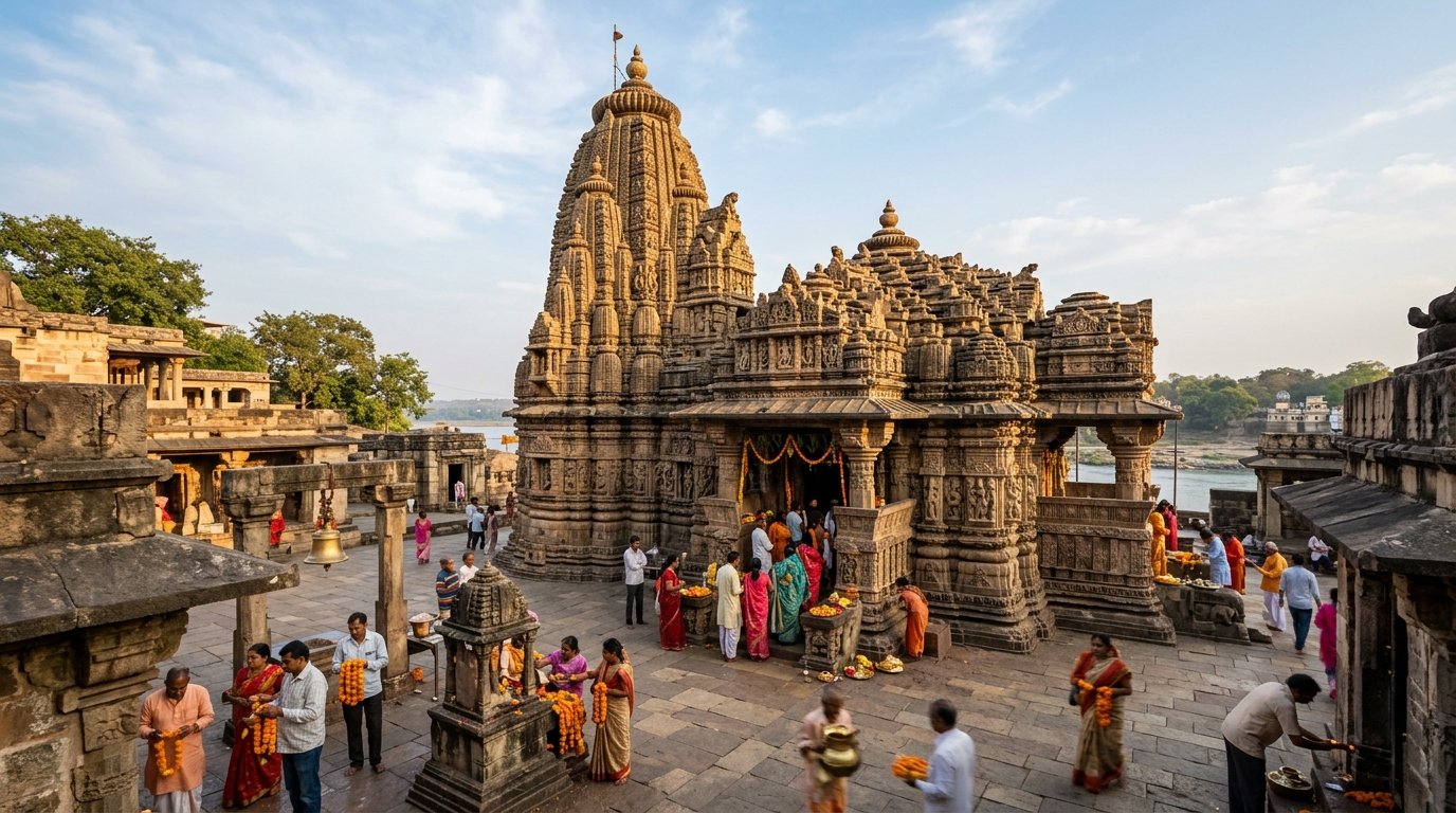Ancient carved stone Mamleshwar Jyotirlinga temple in Omkareshwar