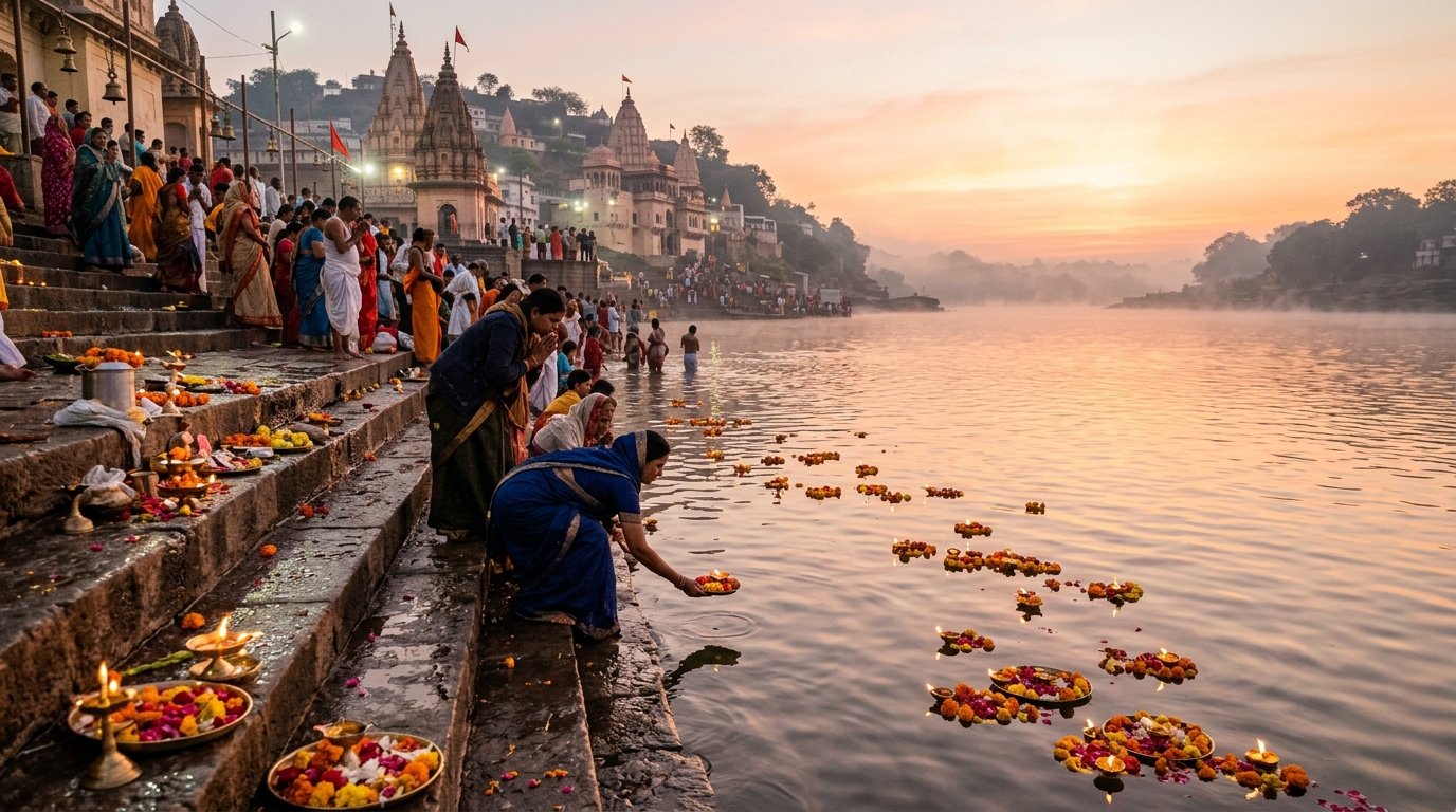 Holy Narmada River ghats in Omkareshwar at dawn with pilgrims and diya lamps